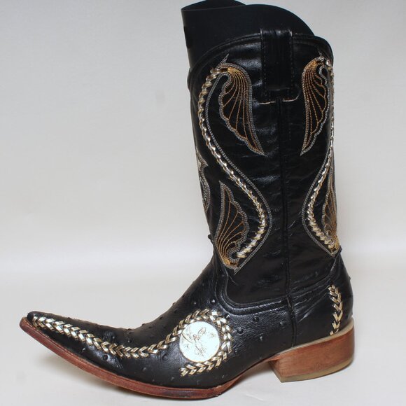 El General 1901 Mens Sz 8.5 Ostrich Embossed Black Leather Cowboy Western Boots - Picture 2 of 11